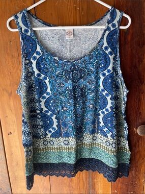Bila Blue Teal Paisley Lace-Hem Tank Top